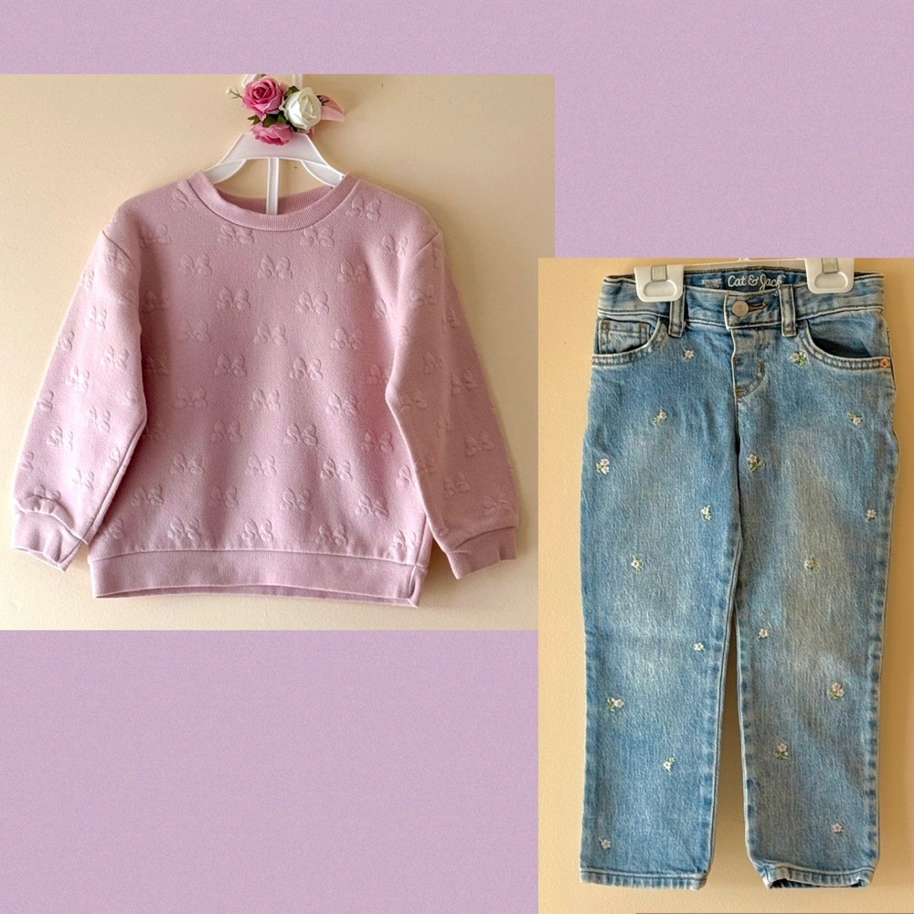 Disney/Cat&Jack Toddler Girls Pink Ribbon Sweatshirt and Jeans Set, Size 4T